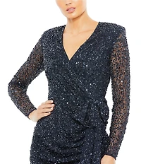Mac Duggal Mesh V-Neckline Long Sleeve Embellished A-Line Wrap Bow Maxi Dress