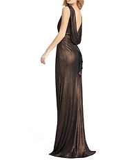 Mac Duggal Metallic Boat Neck Sleeveless Cowl Open Back Detail Mermaid Gown