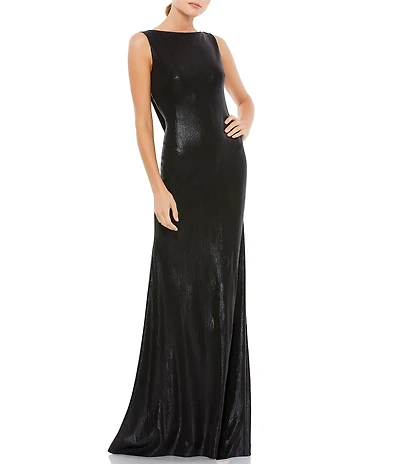 Mac Duggal Metallic Boat Neck Sleeveless Cowl Open Back Detail Mermaid Gown