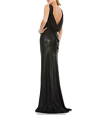 Mac Duggal Metallic Boat Neck Sleeveless Cowl Open Back Detail Mermaid Gown