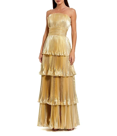 Mac Duggal Metallic Mesh Strapless Pleated Tiered A-Line Gown