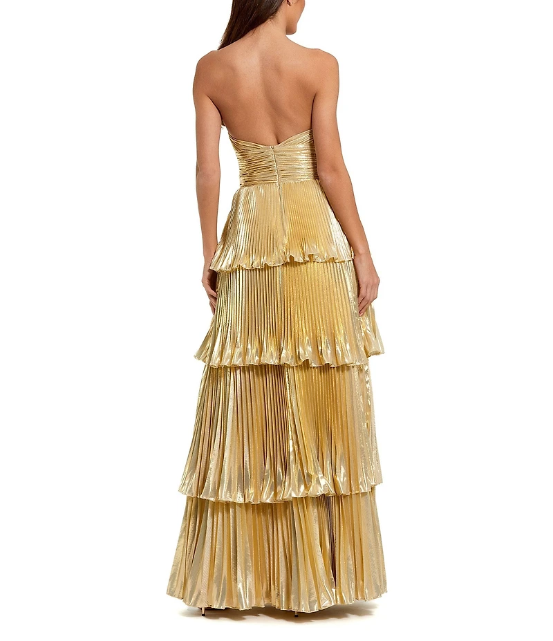 Mac Duggal Metallic Mesh Strapless Pleated Tiered A-Line Gown