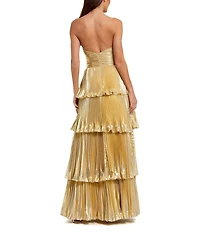 Mac Duggal Metallic Mesh Strapless Pleated Tiered A-Line Gown