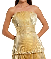 Mac Duggal Metallic Mesh Strapless Pleated Tiered A-Line Gown