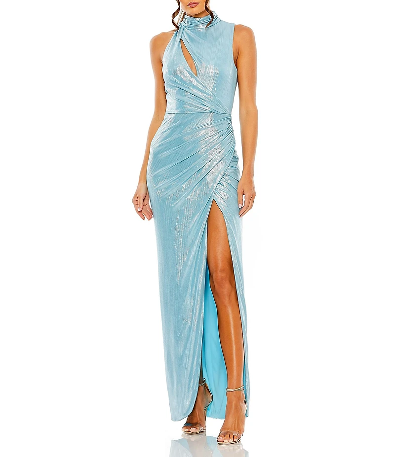 Mac Duggal Metallic Mock Neck Sleeveless Cutout Gown