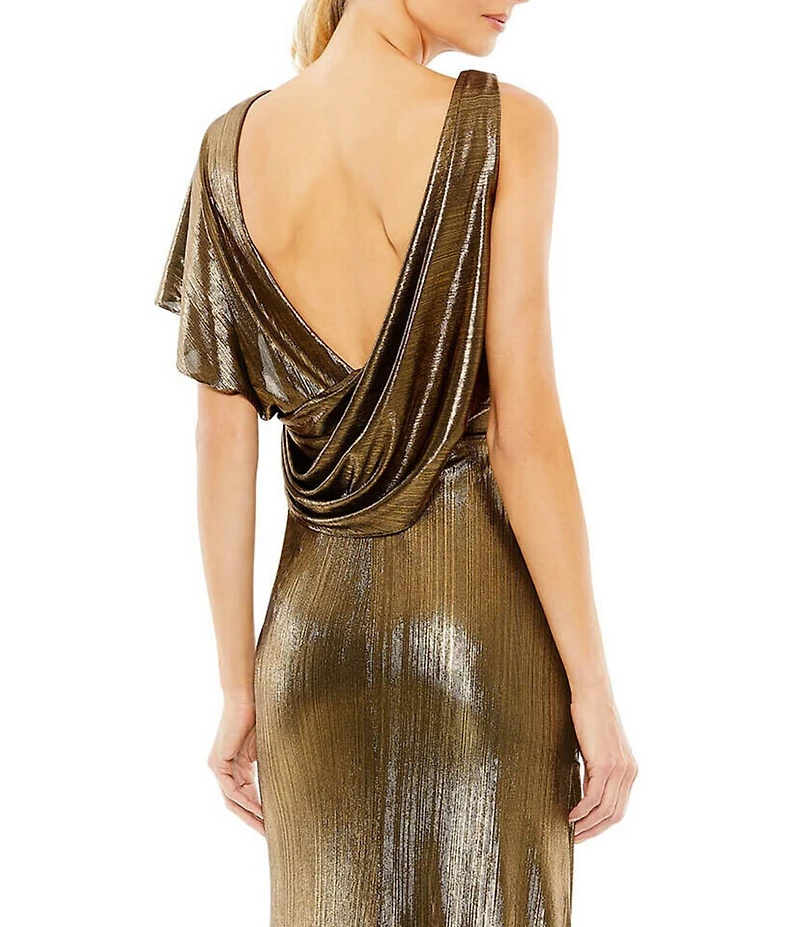Mac Duggal Metallic One Shoulder Short Sleeve Surplice V-Neck Front Thigh High Slit Open Back Draped Gown