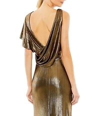 Mac Duggal Metallic One Shoulder Short Sleeve Surplice V-Neck Front Thigh High Slit Open Back Draped Gown
