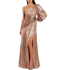 Mac Duggal Metallic One Sleeve A-Line High Slit Gown