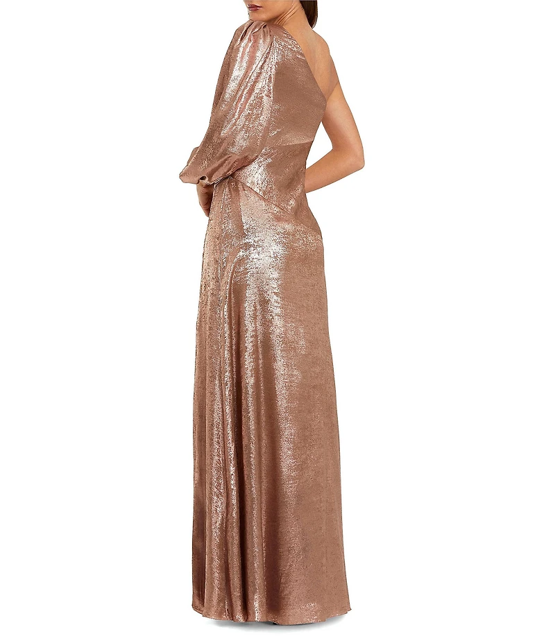 Mac Duggal Metallic One Sleeve A-Line High Slit Gown