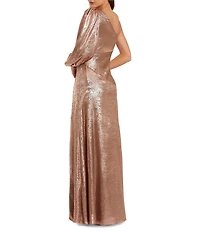 Mac Duggal Metallic One Sleeve A-Line High Slit Gown