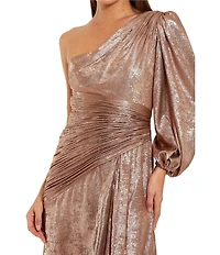 Mac Duggal Metallic One Sleeve A-Line High Slit Gown