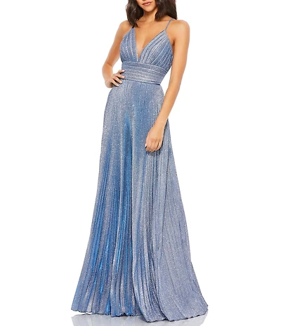 Mac Duggal Metallic Pleated Deep V-Neck Crisscross Back Detail Sleeveless Gown