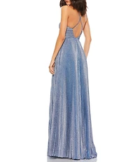 Mac Duggal Metallic Pleated Deep V-Neck Crisscross Back Detail Sleeveless Gown