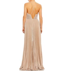 Mac Duggal Metallic Pleated Deep V-Neck Crisscross Back Detail Sleeveless Gown