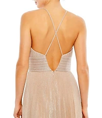Mac Duggal Metallic Pleated Deep V-Neck Crisscross Back Detail Sleeveless Gown