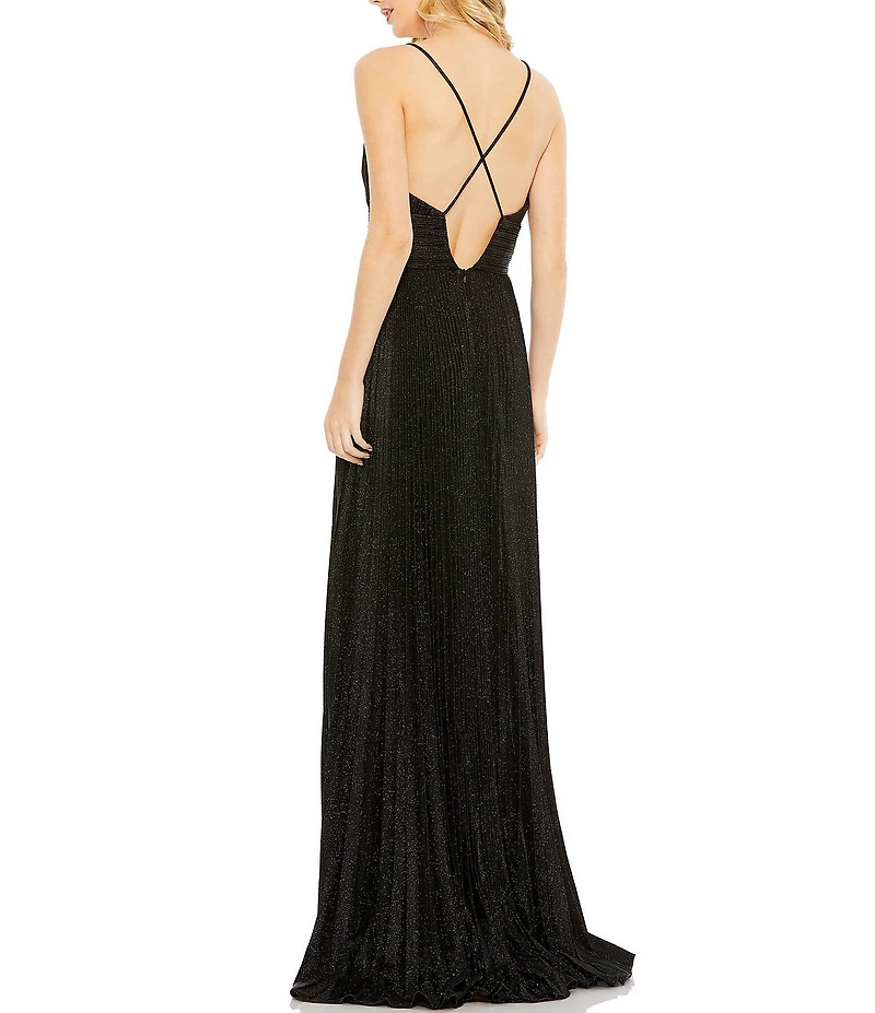 Mac Duggal Metallic Pleated Deep V-Neck Crisscross Back Detail Sleeveless Gown