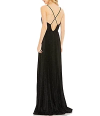 Mac Duggal Metallic Pleated Deep V-Neck Crisscross Back Detail Sleeveless Gown