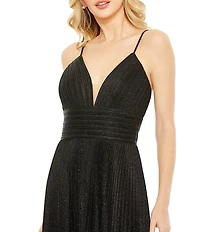 Mac Duggal Metallic Pleated Deep V-Neck Crisscross Back Detail Sleeveless Gown