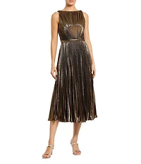 Mac Duggal Metallic Pleated Sleeveless Crew Neck Midi Dress