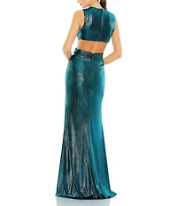 Mac Duggal Metallic Plunge V-Neckline Sleeveless Cut Out A-Line Gown