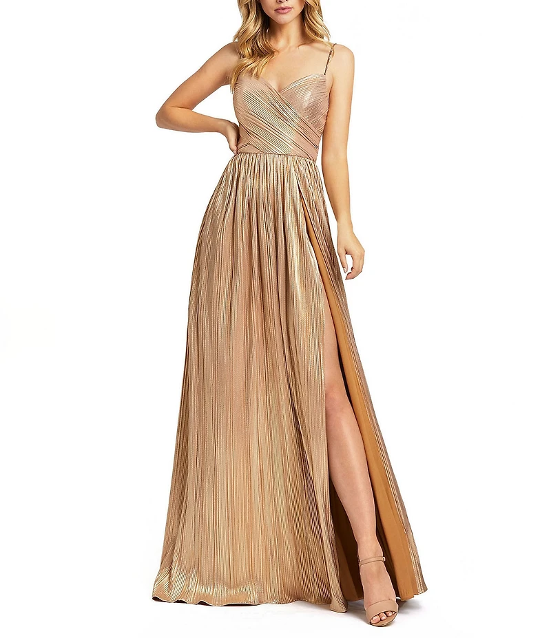 Mac Duggal Metallic Ruched A Line Sleeveless Gown