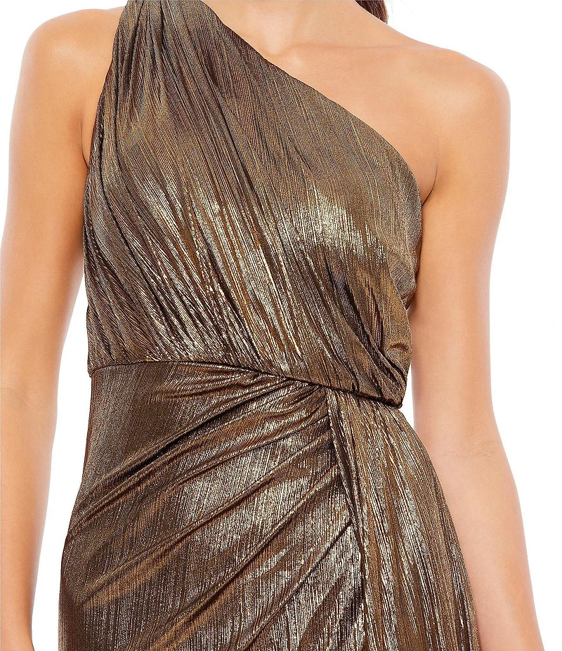 Mac Duggal Metallic Ruched Asymmetrical One Shoulder Sleeveless Thigh High Slit Faux Wrap Gown