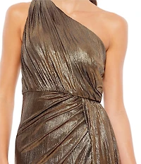 Mac Duggal Metallic Ruched Asymmetrical One Shoulder Sleeveless Thigh High Slit Faux Wrap Gown