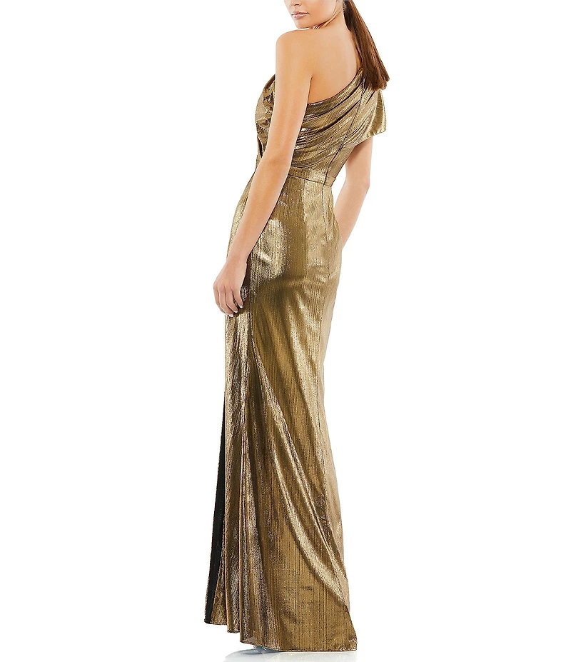 Mac Duggal Metallic Ruffle One Shoulder Short Sleeve Gown