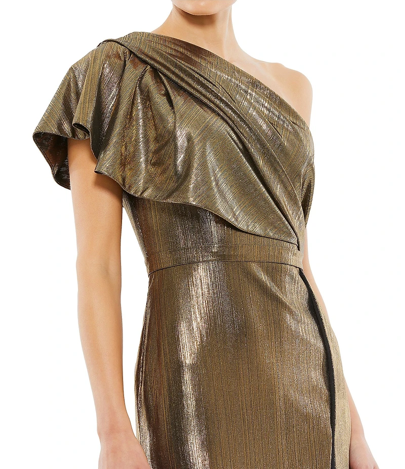 Mac Duggal Metallic Ruffle One Shoulder Short Sleeve Gown