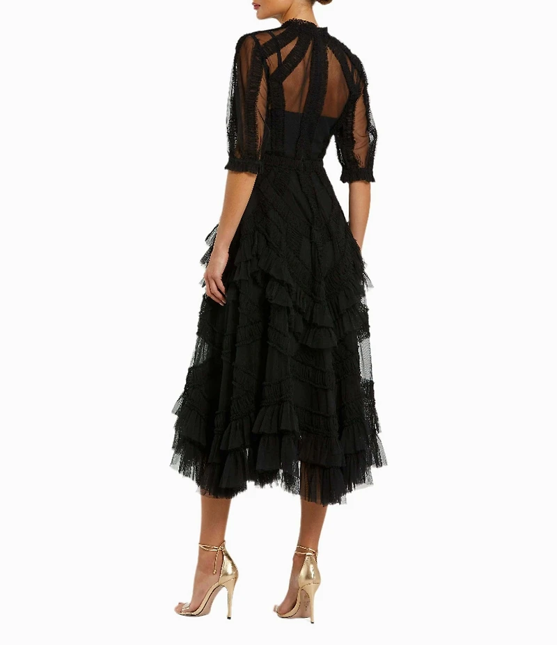 Mac Duggal Mock Neck Short Sleeve Tiered Ruffled Pleated Embellished A-Line Midi Dress