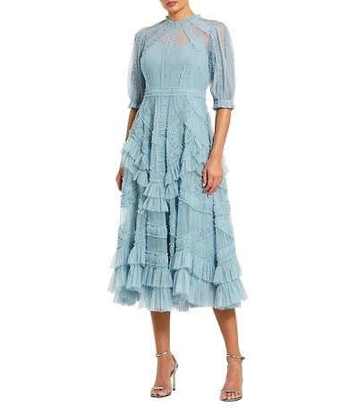 Mac Duggal Mock Neck Short Sleeve Tiered Ruffled Pleated Embellished A-Line Midi Dress