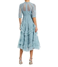 Mac Duggal Mock Neck Short Sleeve Tiered Ruffled Pleated Embellished A-Line Midi Dress
