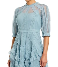 Mac Duggal Mock Neck Short Sleeve Tiered Ruffled Pleated Embellished A-Line Midi Dress