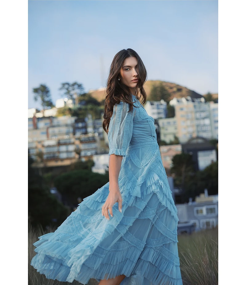 Mac Duggal Mock Neck Short Sleeve Tiered Ruffled Pleated Embellished A-Line Midi Dress