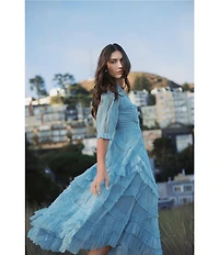 Mac Duggal Mock Neck Short Sleeve Tiered Ruffled Pleated Embellished A-Line Midi Dress