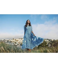 Mac Duggal Mock Neck Short Sleeve Tiered Ruffled Pleated Embellished A-Line Midi Dress