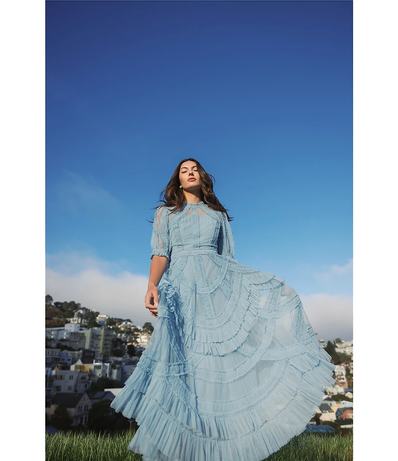 Mac Duggal Mock Neck Short Sleeve Tiered Ruffled Pleated Embellished A-Line Midi Dress