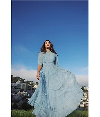 Mac Duggal Mock Neck Short Sleeve Tiered Ruffled Pleated Embellished A-Line Midi Dress