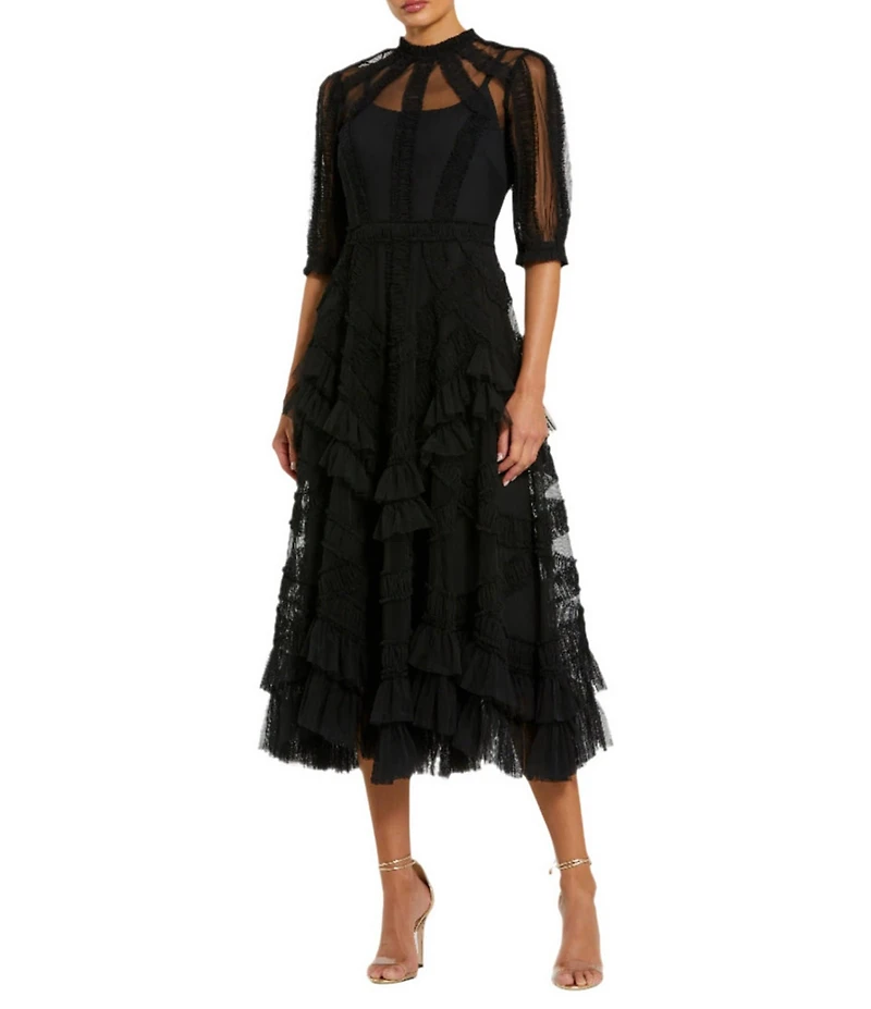 Mac Duggal Mock Neck Short Sleeve Tiered Ruffled Pleated Embellished A-Line Midi Dress