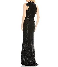 Mac Duggal Mock Neck Bow Shoulder Sequin Column Gown