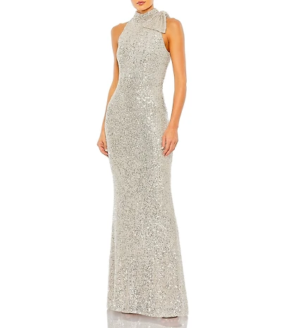 Mac Duggal Mock Neck Bow Shoulder Sequin Column Gown