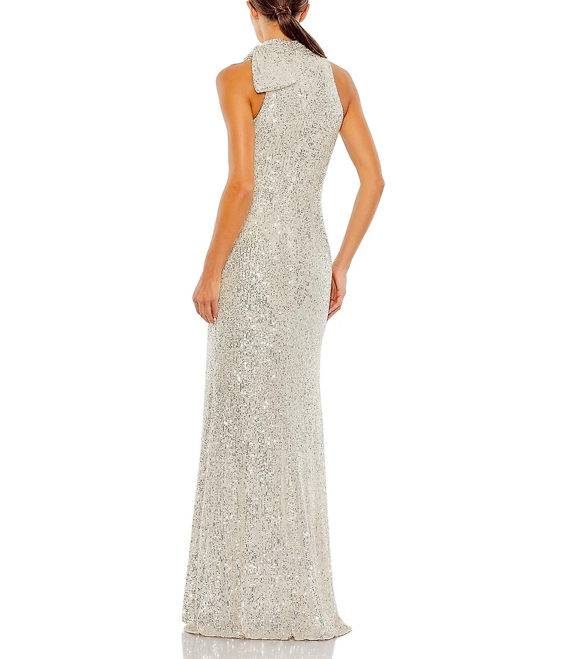 Mac Duggal Mock Neck Bow Shoulder Sequin Column Gown