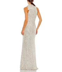 Mac Duggal Mock Neck Bow Shoulder Sequin Column Gown