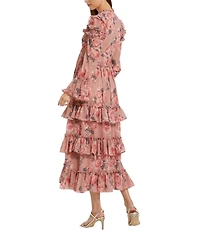 Mac Duggal Mock Neck Lace Up Front Long Sleeve Tiered Ruffle Floral Print Chiffon Midi Dress