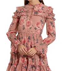 Mac Duggal Mock Neck Lace Up Front Long Sleeve Tiered Ruffle Floral Print Chiffon Midi Dress