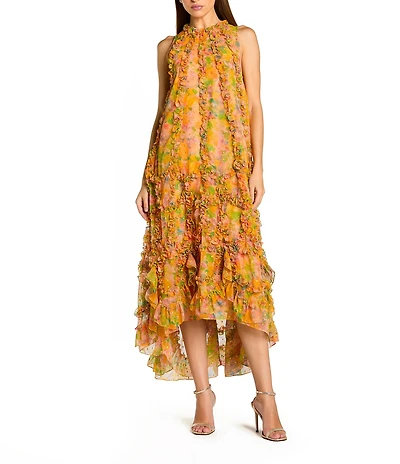 Mac Duggal Mock Neck Micro Ruffle Printed Chiffon Shift Midi Dress