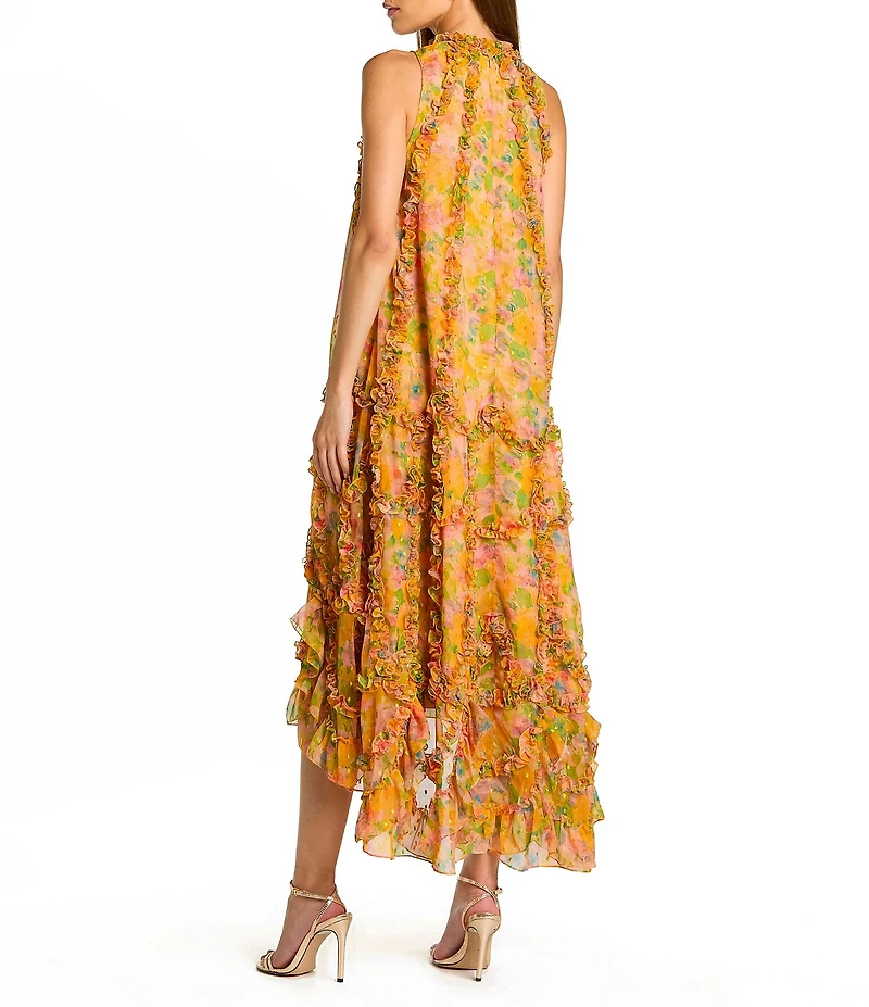 Mac Duggal Mock Neck Micro Ruffle Printed Chiffon Shift Midi Dress