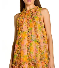 Mac Duggal Mock Neck Micro Ruffle Printed Chiffon Shift Midi Dress