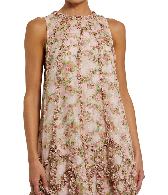 Mac Duggal Mock Neck Micro Ruffle Printed Chiffon Shift Midi Dress at  Hamilton Place in Chattanooga, TN