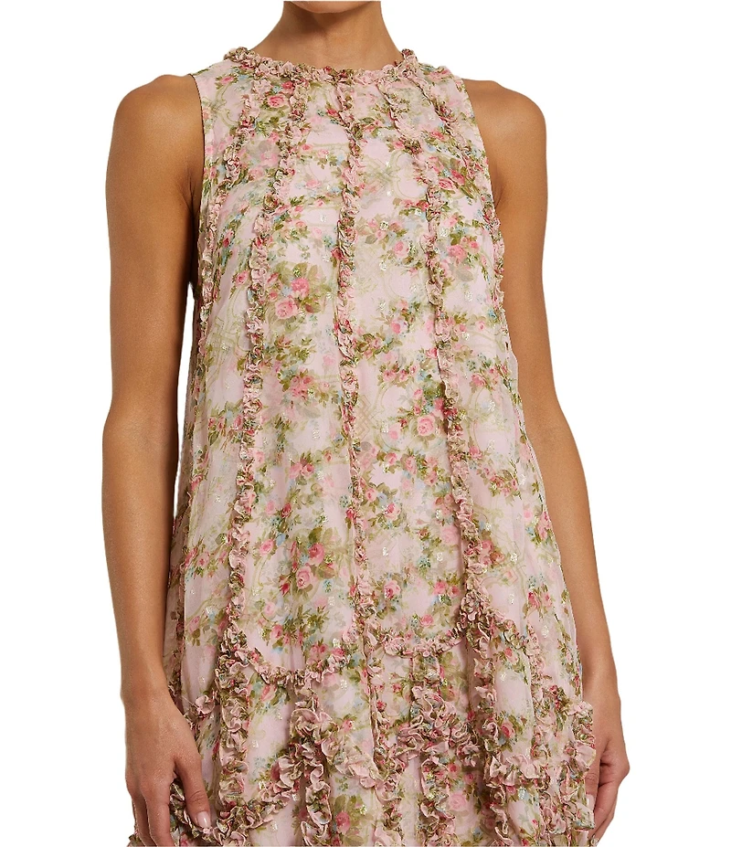 Mac Duggal Mock Neck Micro Ruffle Printed Chiffon Shift Midi Dress